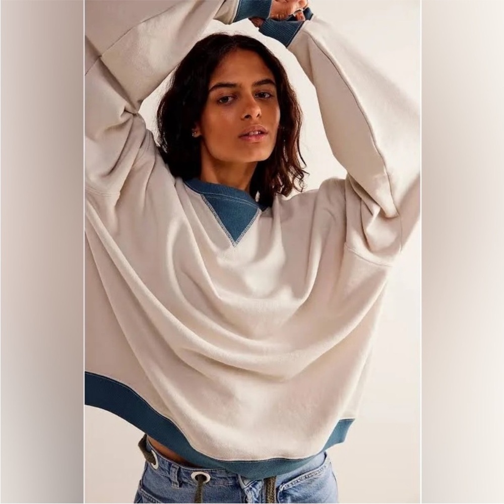 We The Free Cream and Blue Crew Neck Sweater